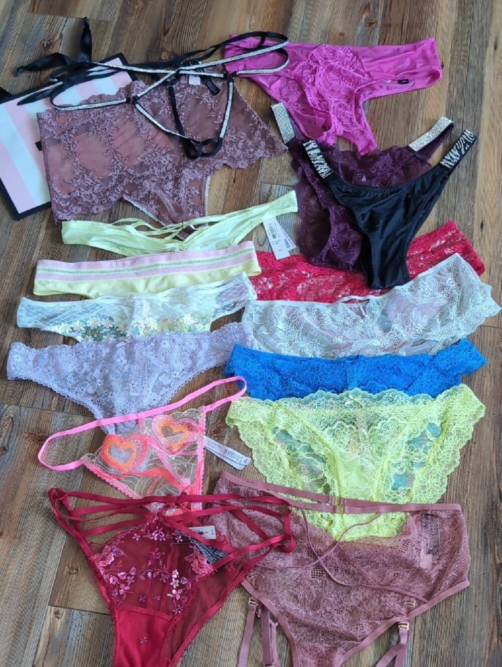 NWT Sz M Panty Lot 15 - Rhinestone Strappy Thong Cheeky Brazilian String Garter